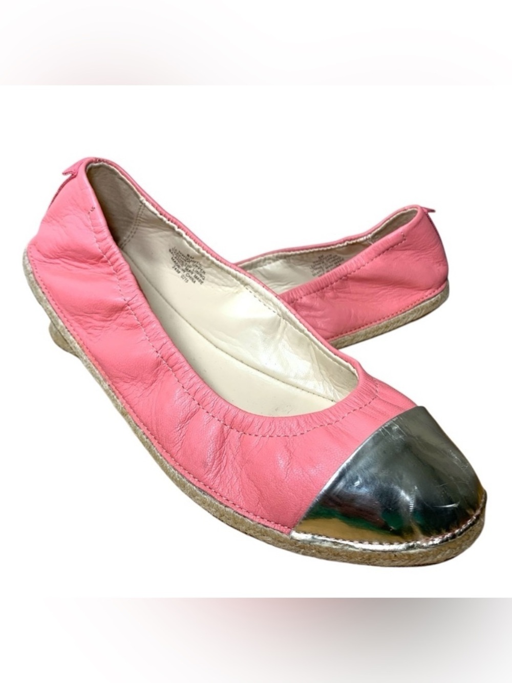 Pink Leather Ballet Flats Espadrille Metallic Cap Toe Sz 8 Shoes